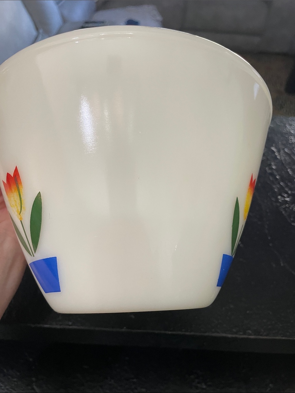 Fire King Milk Glass Floral Tulip Bowl in White with Red & Blue Accents - Picture 5 of 7